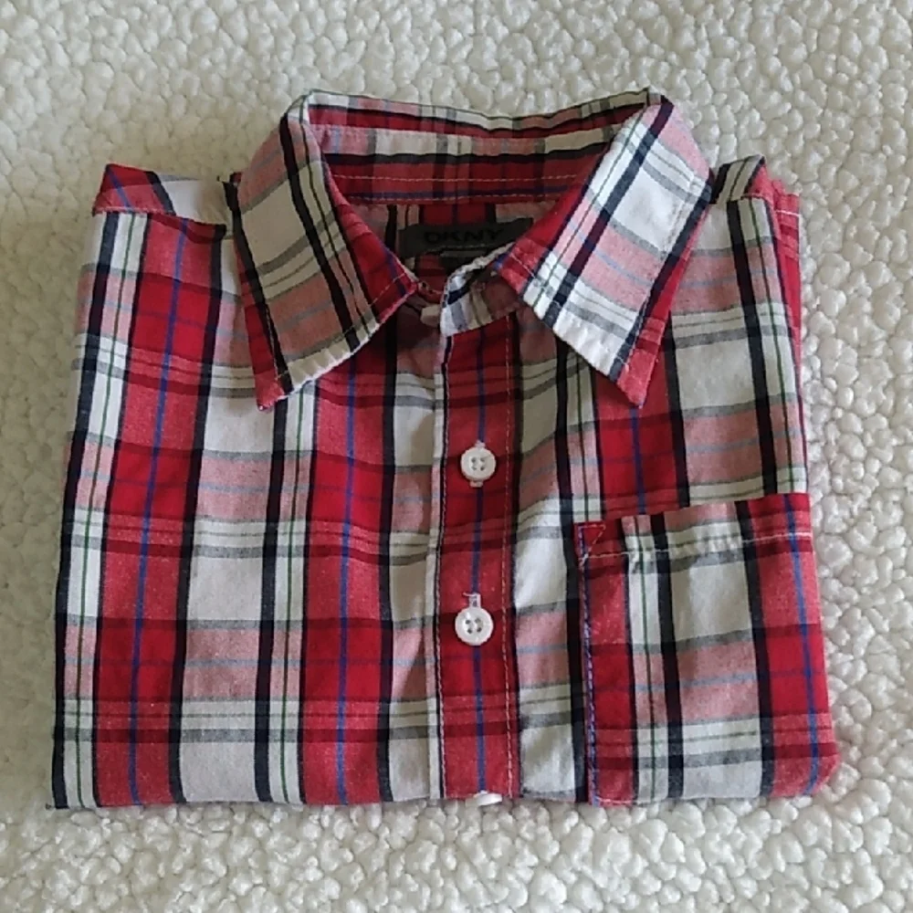 DKNY Kids Red and White Plaid Button Down Shirt 3T Long Roll Tab Sleeves‎